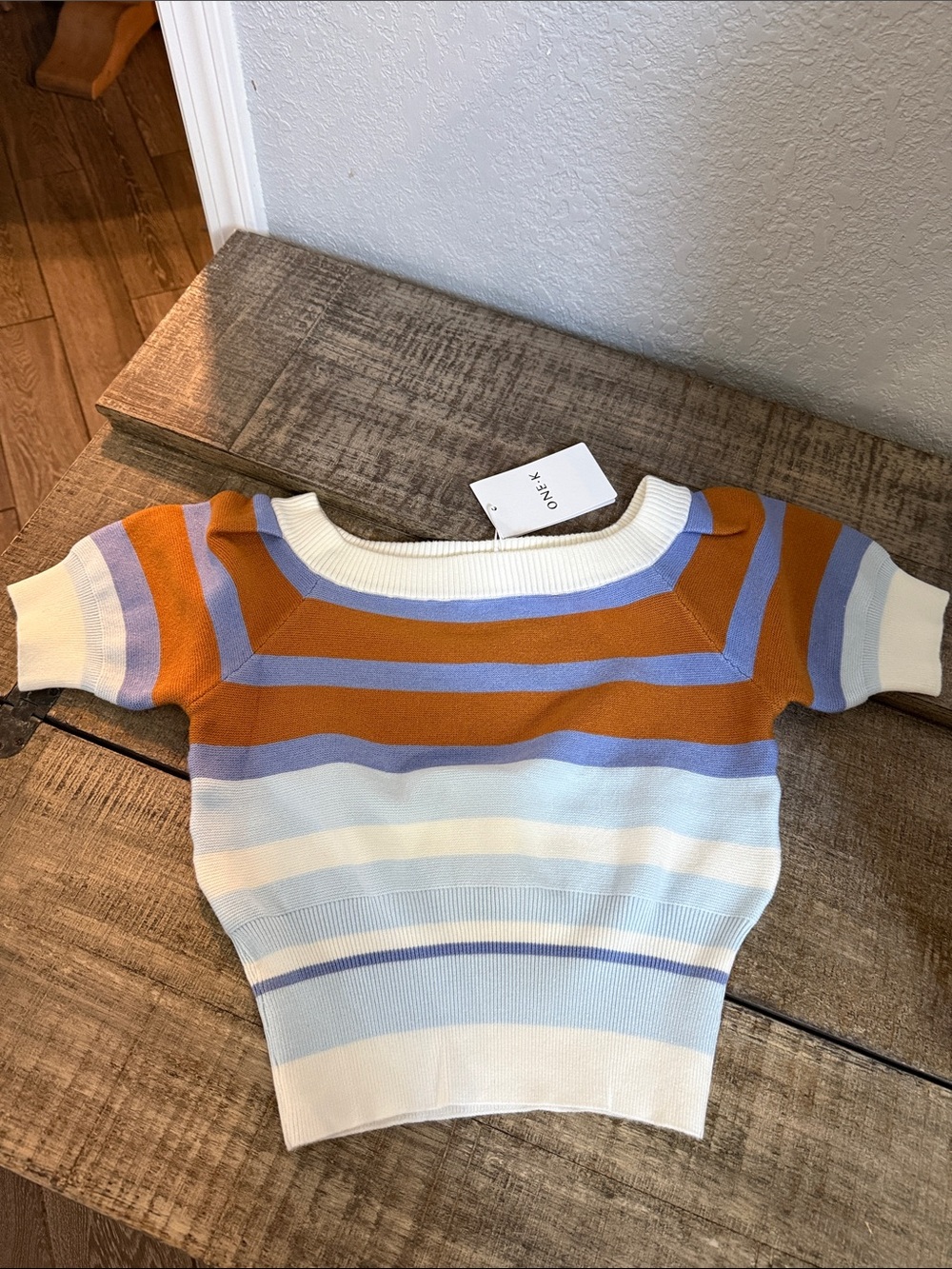 Striped Short-Sleeve Sweater Top - Blue, Rust & Cream